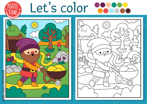 Pre-made coloring page for children with dwarf with wheelbarrow. Vector fairytale outline illustration with gnome and forest scene or landscape. Fantasy color book for kids with colored example