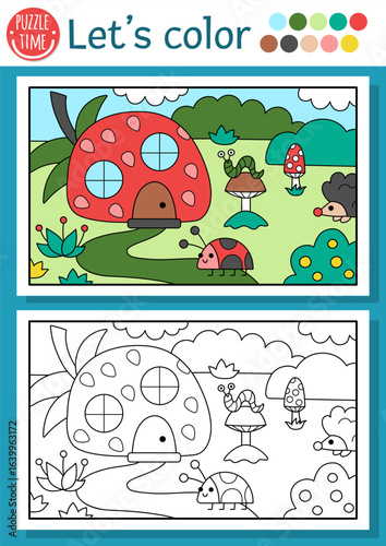 Pre-made coloring page for children with ladybird, strawberry house and forest scene. Vector fairytale outline illustration. Fantasy color book for kids with colored example, wood landscape