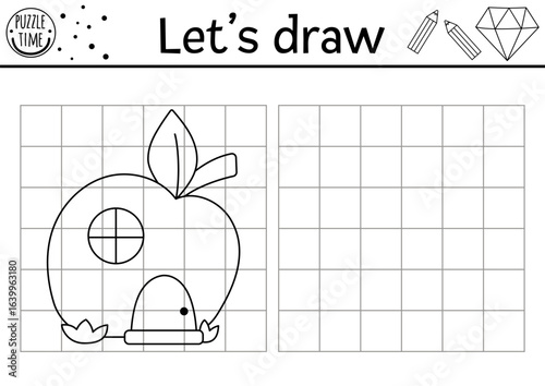 Draw the dwarf house shaped as apple. Vector drawing practice worksheet with fantasy home. Magic forest printable black and white activity for kids. Copy or complete picture coloring page