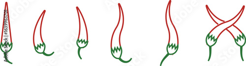 Chili pepper icon set, capsicum collection hot spice vector group, jalapeno silhouette and outline, cayenne symbol bundle, vegetable pictogram pack in line style for seasoning design isolated
