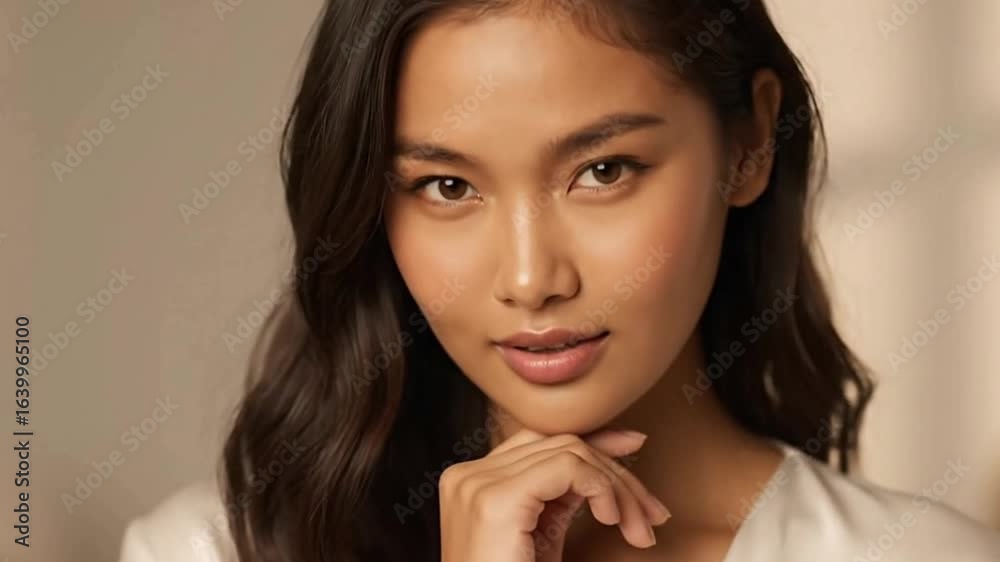 Asian woman with wavy dark hair hand on chin wearing a white top Asian woman with wavy dark hair hand on chin wearing a white top