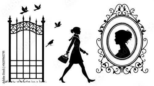 "Classic black-and-white composition of three silhouettes in a row: framed woman walking with birds, cameo profile of a woman in ornate frame, and decorative wrought iron gate. Minimal yet ornate, vin