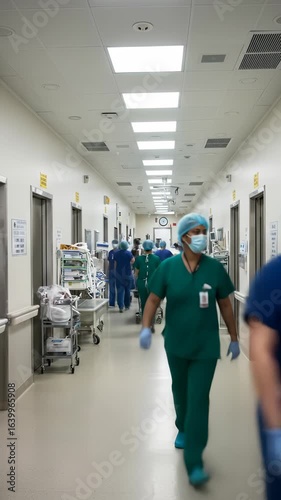 Hospital Emergency: Medical staff wearing masks urgently transporting patient along brightly lit hospital hallway, medical urgency