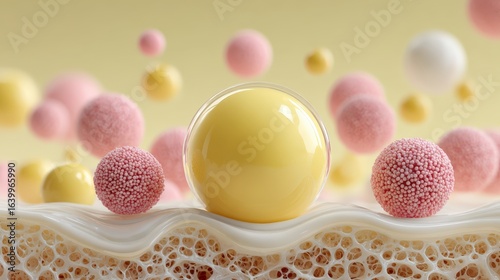 Detailed 3D macro view of skin interacting with zinc oxide sunscreen gel particles