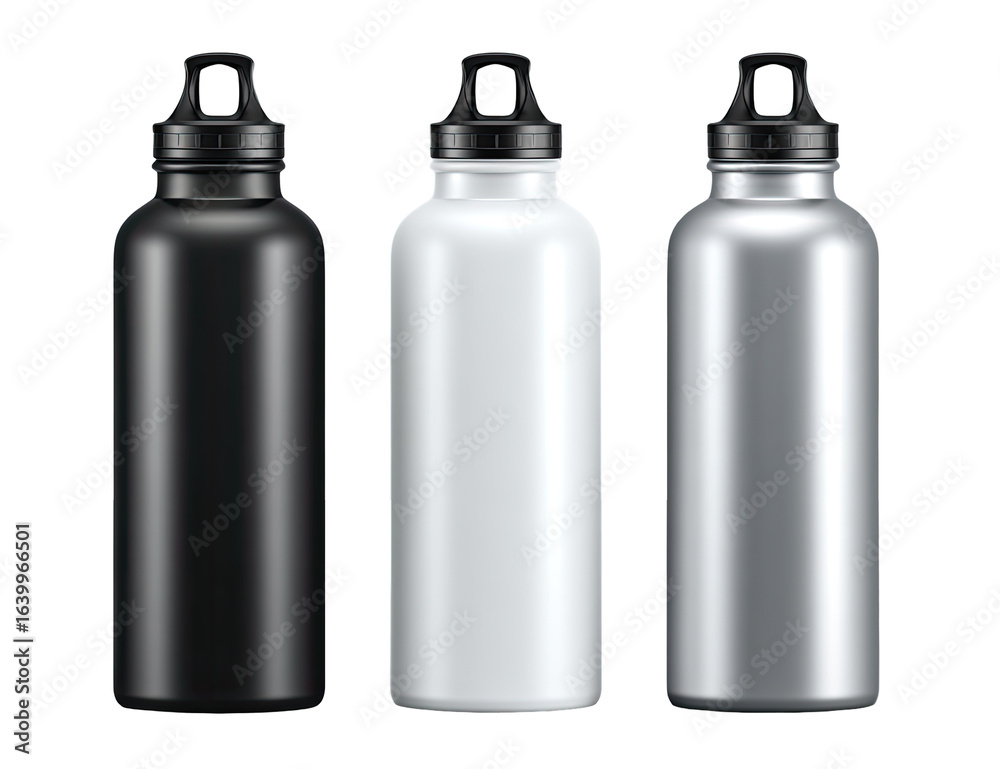 Three blank water bottles, black, white, and silver, displayed in a row.  Each features a  black handle Three blank water bottles, black, white, and silver, displayed in a row.  Each features a  black handle