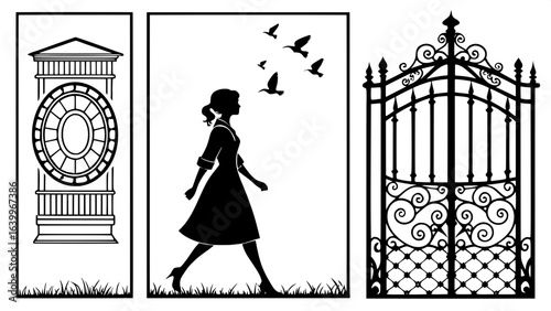 "Elegant monochrome silhouette triptych: left, a framed three-quarter view of a woman in a dress walking toward the right, shoulder-length hair, birds in flight above; middle, an ornate oval profile c