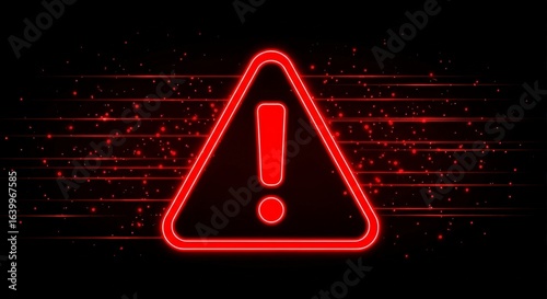 Glowing red warning sign illuminated on dark backdrop evokes feelings of urgency and alert status.