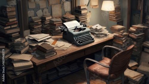 Messy writer's cluttered study