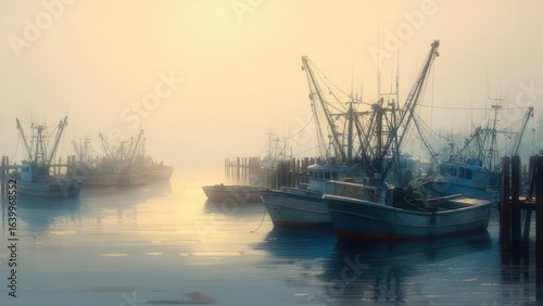 Misty harbor with fishing boats