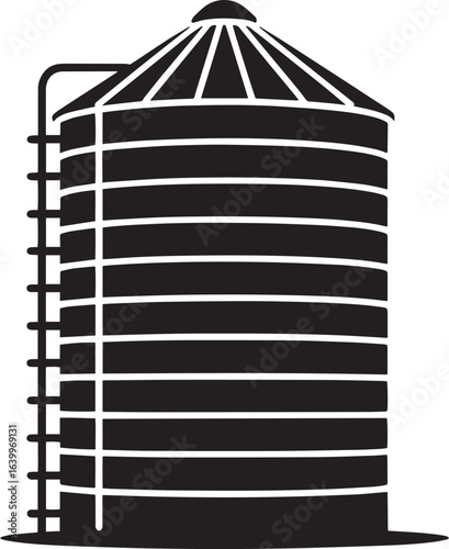 Agricultural Silo Silhouette Black Vector Illustration on Transparent Backdrop