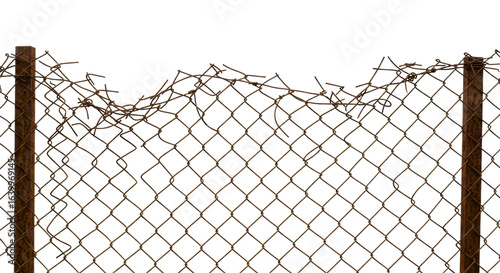 Rusty damaged chain link fence with posts
