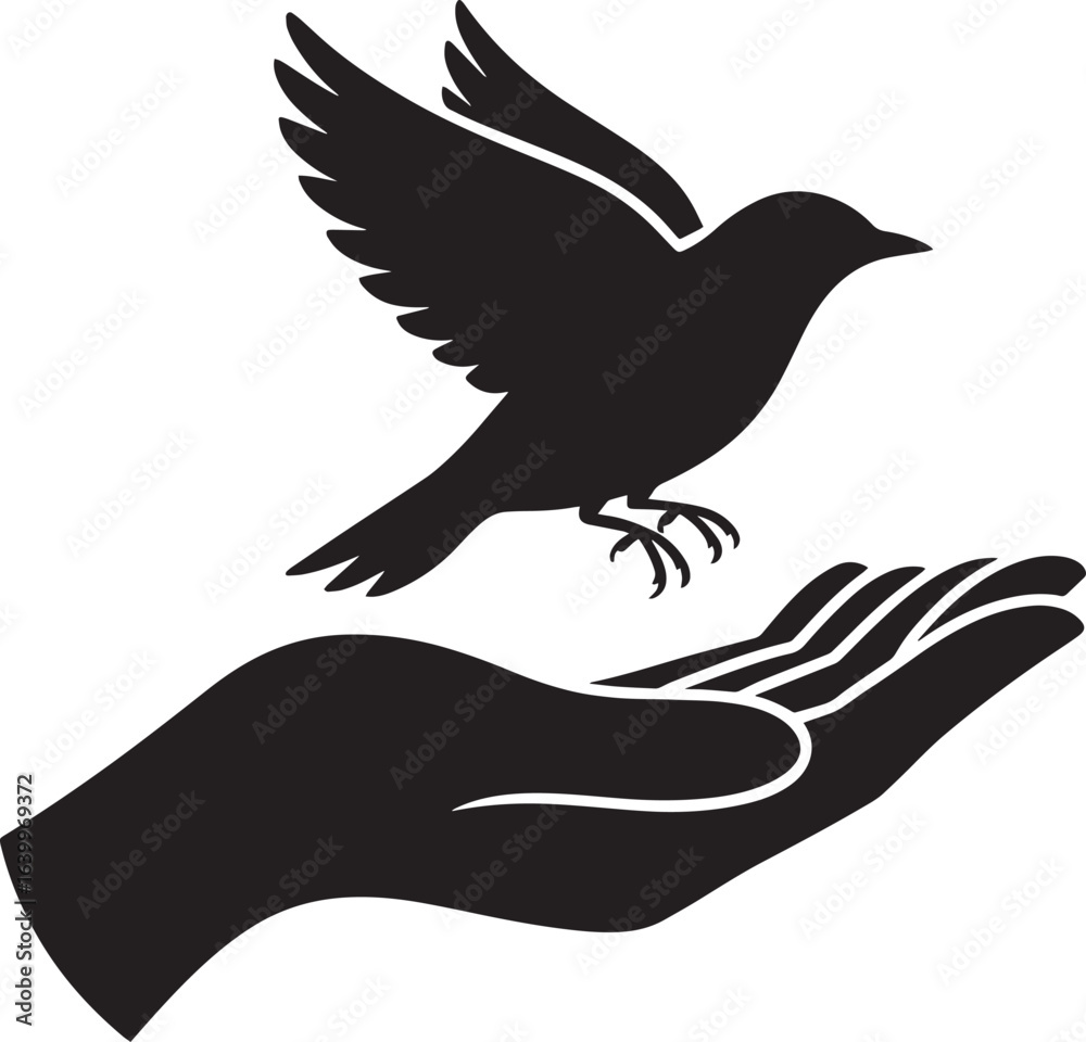 Obraz premium Bird in Hand Vector Illustration Symbol Sign. Freedom, Care, Protection, Release, Wildlife