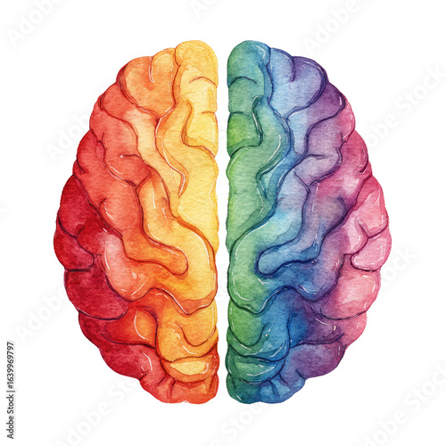 Colorful watercolor illustration of a human brain, split in half, showing vibrant rainbow hues