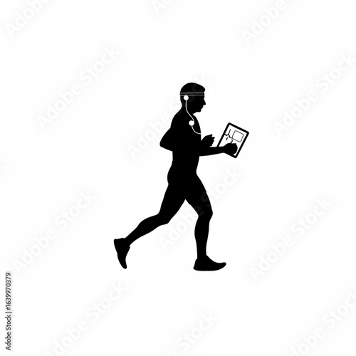 Middle aged man running a marathon using a breathalyzer device