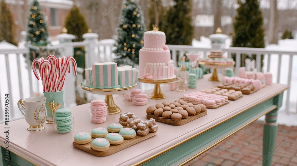 Naklejka premium Whimsical holiday celebration sparkling christmas tea party with lights presents and mini cakes