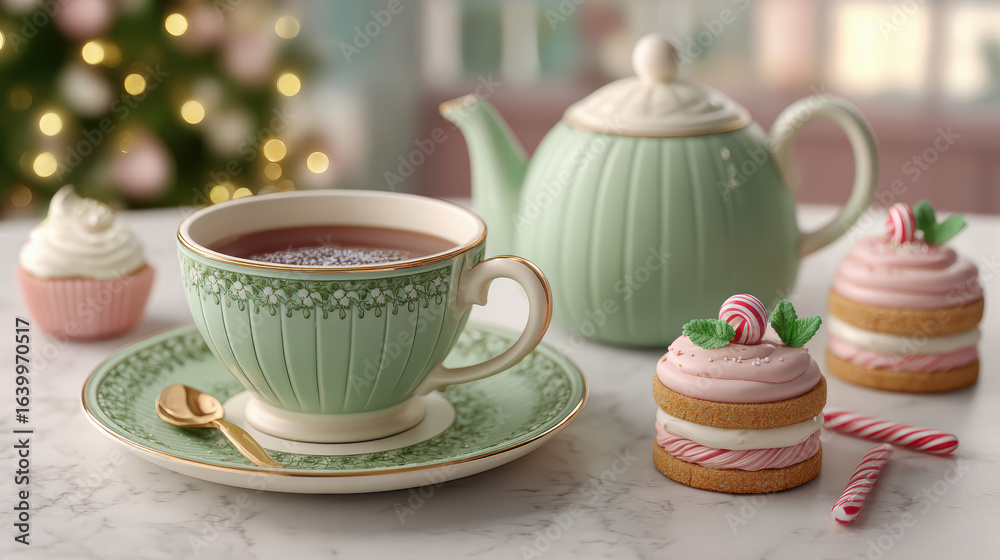 Fototapeta premium Whimsical christmas tea party celebration with sparkling lights mini cakes and holiday deals in a cozy setting