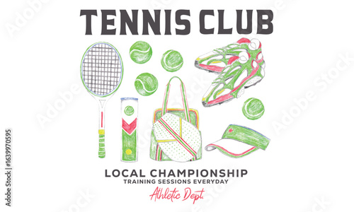 tennis accessories art. Tennis court graphic design. Tennis club artwork for t shirt, posters, stickers, background and others. oil pastel design. Bat, ball, bag, shoe, cap and ball box design.