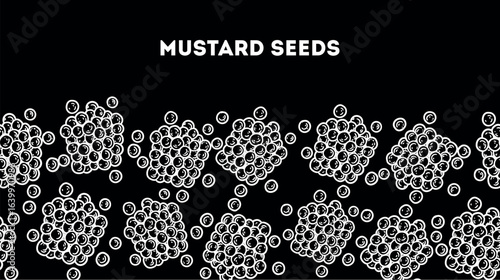 Mustard seeds sketch. Horizontal seamless pattern. Hand drawn vector illustration. Handful of spice. Kitchen spice.