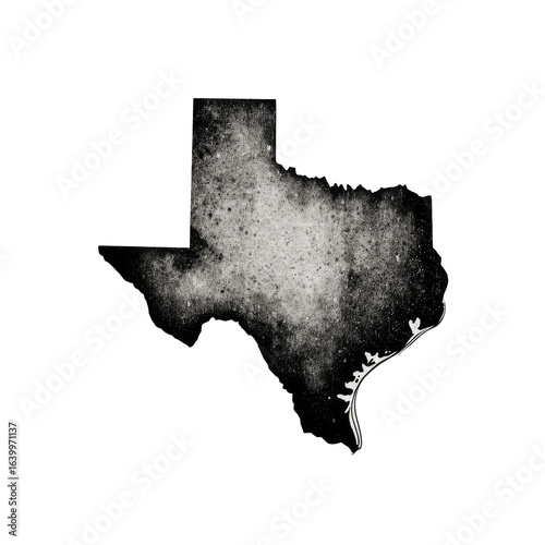 Abstract grayscale image of the Texas state outline, filled with a textured, speckled, cloudy effect