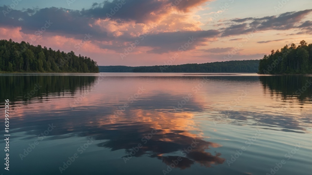 Fototapeta premium Tranquil lake landscape with sunset reflection in high detail.