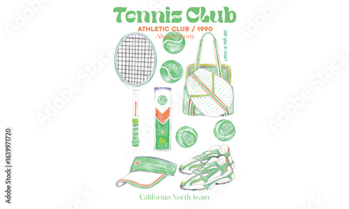 Bat, ball, bag, shoe, cap and ball box design. Tennis accessories art. Tennis court graphic design. Tennis club artwork for t shirt, posters, stickers, background and others. oil pastel design.