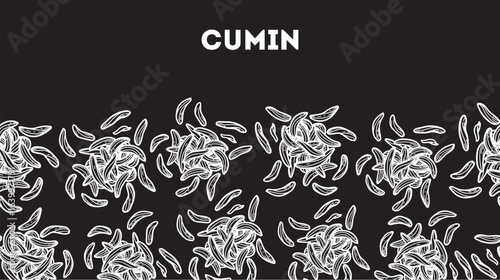 Cumin seeds sketch. Horizontal seamless pattern. Hand drawn vector illustration. Handful of spice. Kitchen spice