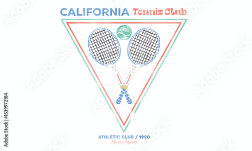 California local tennis club. Tennis court graphic design. Tennis club artwork for t shirt, posters, stickers, background and others. oil pastel design.