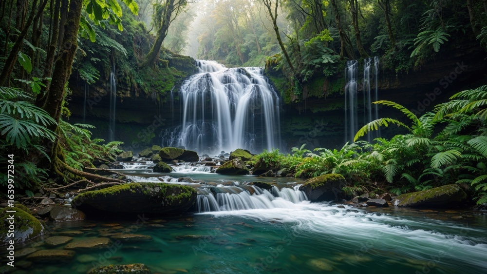 Fototapeta premium Tropical waterfall landscape with lush forest and clear water in high resolution.