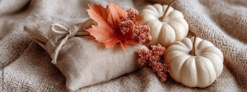Fototapeta premium Coffee bag mockup resting on warm linen with decorative elements and seasonal accents