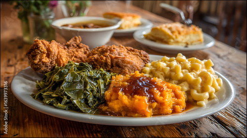 Delicious soul food meal served on a wooden table. The plate includes crispy golden fried chicken, creamy macaroni and cheese, collard greens with smoked turkey, candied yams glistening with syrup