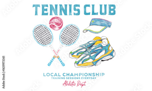 Tennis accessories art. Tennis court graphic design. Tennis club artwork for t shirt, posters, stickers, background and others. oil pastel design.