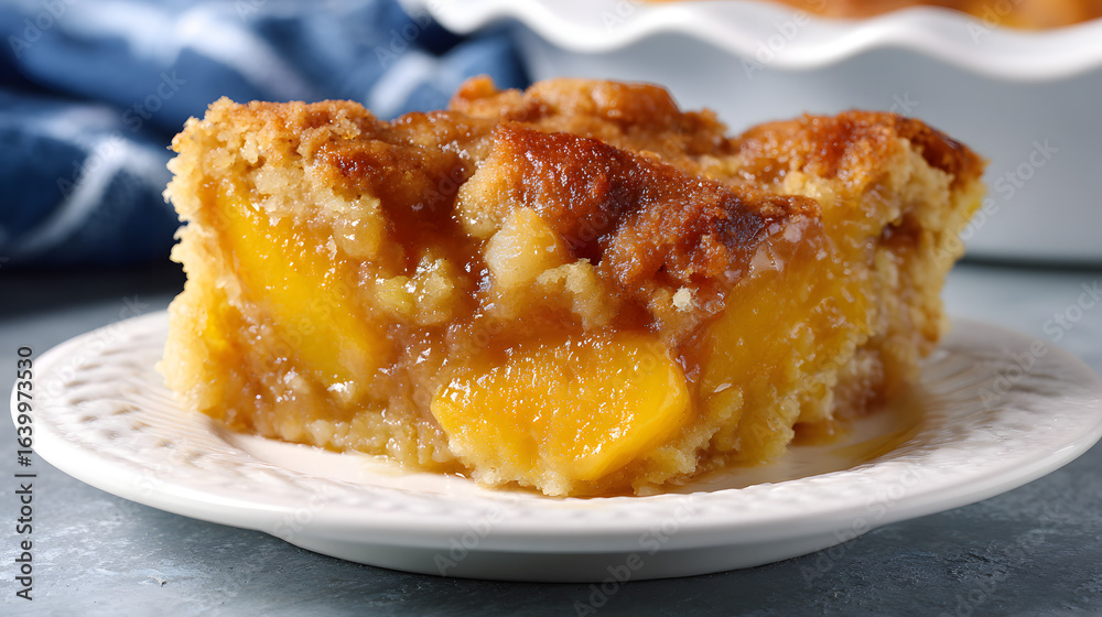 Peach Cobbler on a white dessert plate. The slice shows a moist, tender crumb with juicy, cinnamon-spiced peach filling and a golden, buttery topping Peach Cobbler on a white dessert plate. The slice shows a moist, tender crumb with juicy, cinnamon-spiced peach filling and a golden, buttery topping