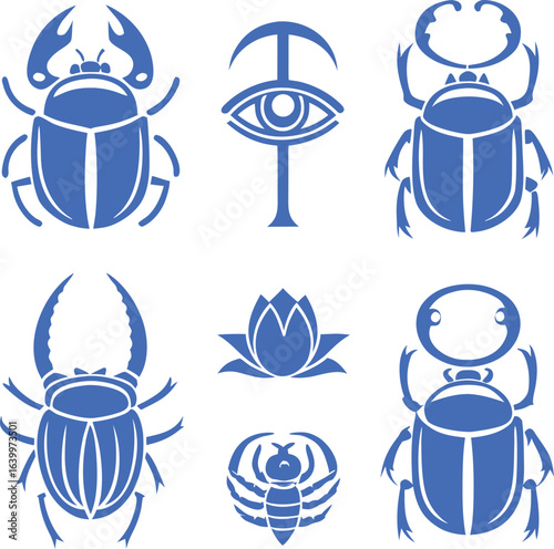 ancient, egypt, symbol, egyptian, mythology, history, pharaoh, relic, artifact, culture, scarab, beetle, icon, set, vector