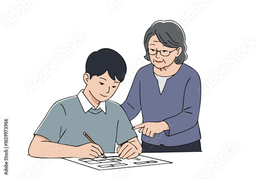 An elderly woman guides a young boy through a math test. Warm, supportive mentorship. Clear composition, focused learning.