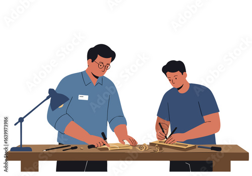 A father and son learn woodworking together at a workbench. Focused on mentorship and skill development. Warm, inviting scene.