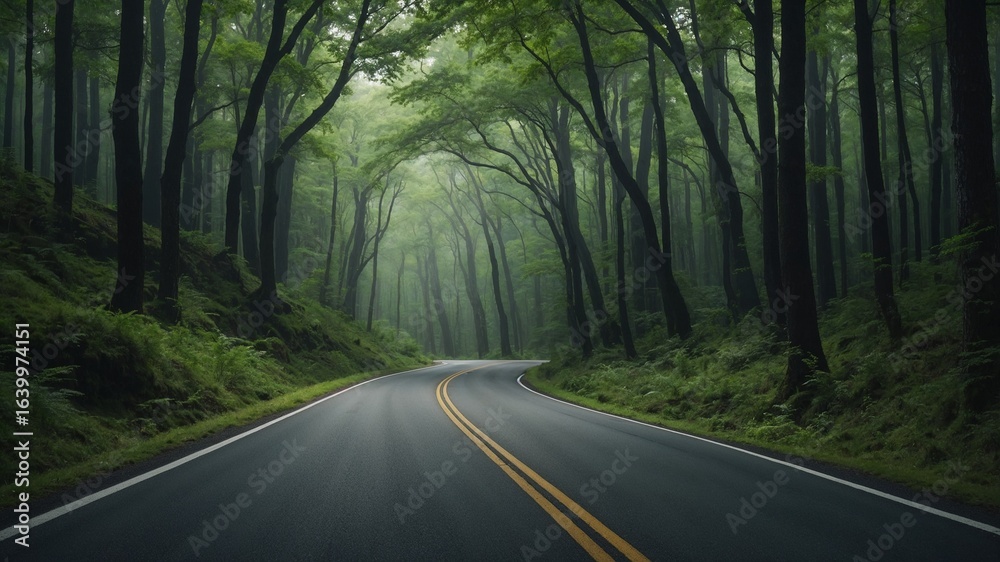 Obraz premium Hyper Realistic Winding Road Through a Dense Green Forest