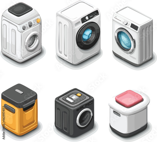 Washing machines in various styles and colors arranged for home appliance display or laundry service concept