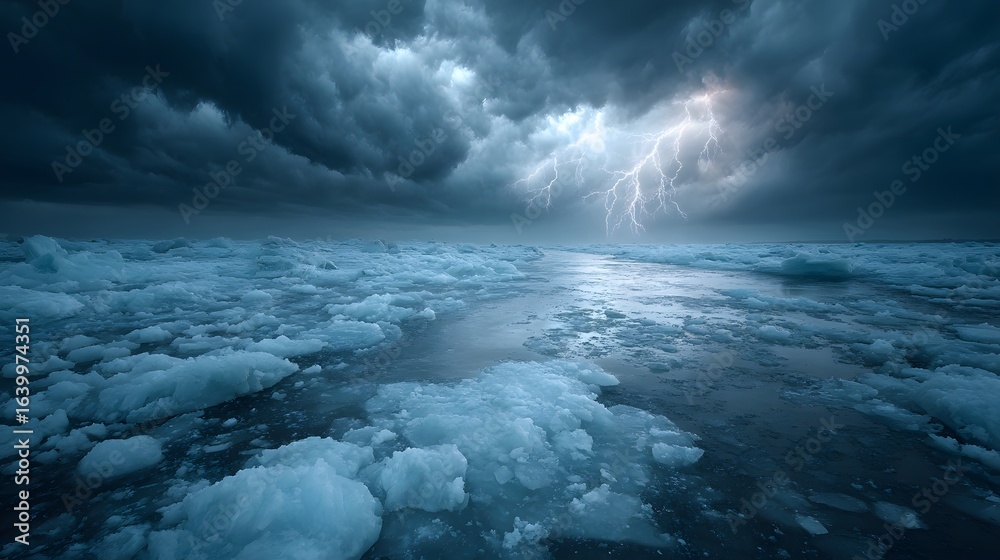 Fototapeta premium Dramatic Lightning Strike Over Icy Ocean Under Dark Storm Clouds