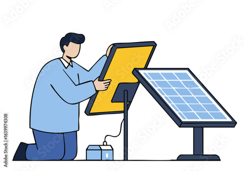 A technician inspects a solar panel outdoors. Clean lines, modern illustration style. Focus on renewable energy and sustainable technology.