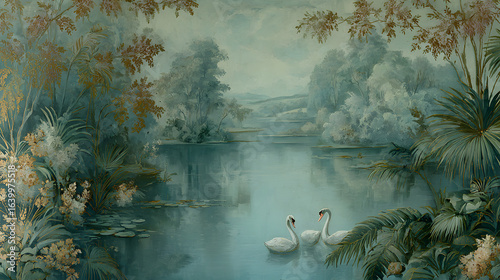 Fototapeta Naklejka Na Ścianę i Meble -  Baroque mural featuring a peaceful lakeside scene with swans and foliage accented with gold for a tranquil refined look