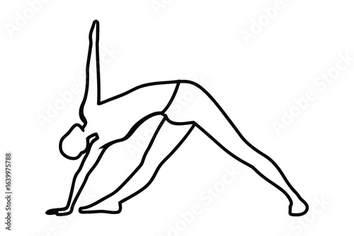 Minimalist continuous line drawing a person in a yoga triangle pose figure