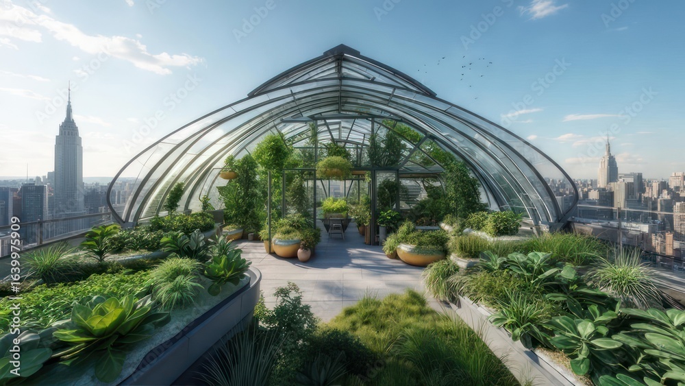 Fototapeta premium Rooftop greenhouse city view