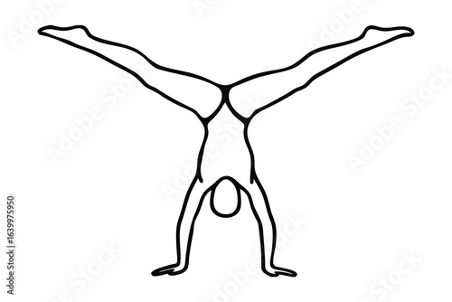 Minimalist single line drawing a person doing a handstand with legs apart human figure