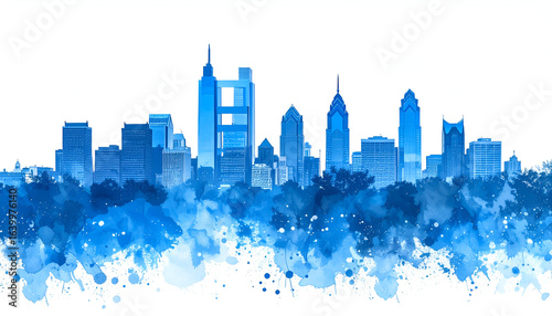 Blue Philadelphia Skyline Watercolor.