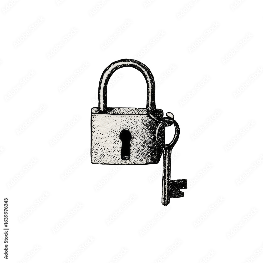 Lock and key, grayscale image Lock and key, grayscale image