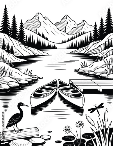 Monochromatic Lakeside Scene with Canoes and Wildlife