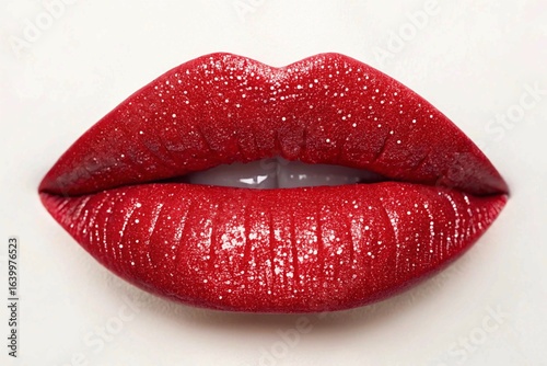 Luscious Red Lips with Glittering Detail on a White Background