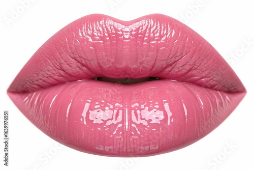 Glamorous Pink Lips with Glossy Texture on White Background