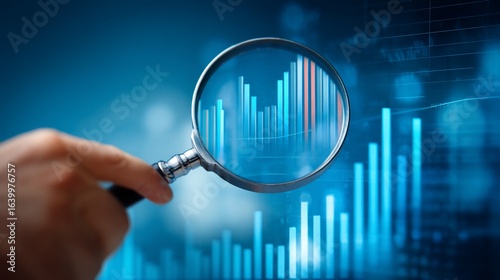 Chart magnified by hand-held lens, financial analysis in blue hues