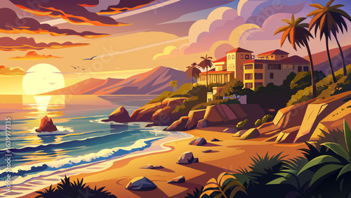 Sunset view of Treasure Island Beach at the Montage in Laguna Beach, California, United States, golden horizon, gentle waves, warm light, coastal beauty, serene atmosphere, picturesque shoreline, peac